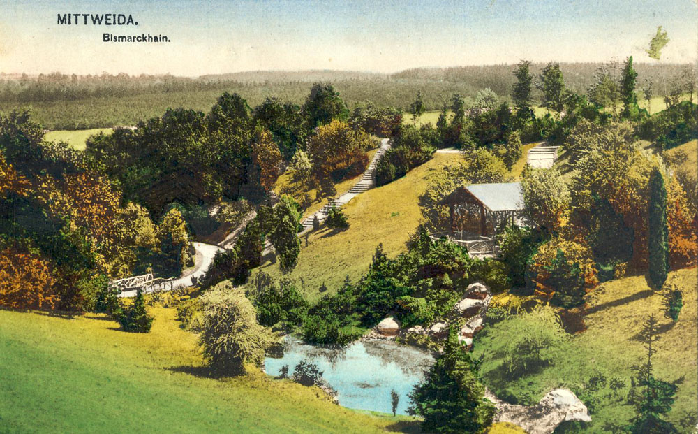 nach 1911, Ansichtskarte mit Blick über die obere Teichanlage im Bismarckhain